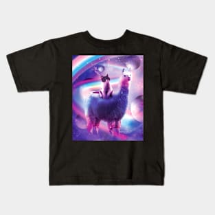 Kitty Cat Riding On Rainbow Llama In Space Kids T-Shirt